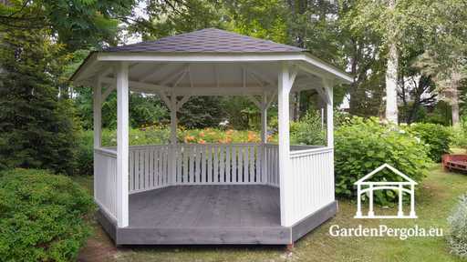 Šešiakampė medinė pavėsinė — jauki lauko pavėsinė su grindimis ir stogu - garden gazebo pergola