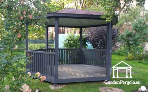 Šešiakampė medinė pavėsinė — jauki lauko pavėsinė su grindimis ir stogu - garden gazebo pergola