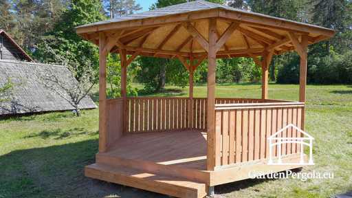 Šešiakampė medinė pavėsinė — jauki lauko pavėsinė su grindimis ir stogu - garden gazebo pergola