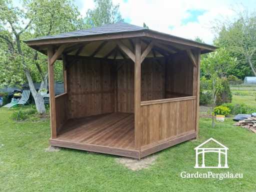 Šešiakampė medinė pavėsinė — jauki lauko pavėsinė su grindimis ir stogu - garden gazebo pergola