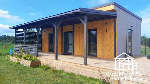 Natūralus medinis namo priestatas su dengta terasa - garden gazebo pergola