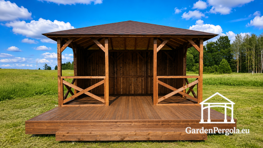 4x4,5 m medinė lauko pavėsinė su 2x4,5 m atvira terasa - garden gazebo pergola