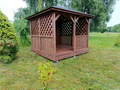 Medinė pavėsinė su grindimis 3×3 m — ruda lauko pavėsinė - garden gazebo pergola