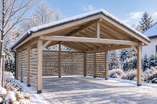 4,5 × 5 m medinė automobilių stoginė su dvišlaičiu metaliniu stogu - garden gazebo pergola
