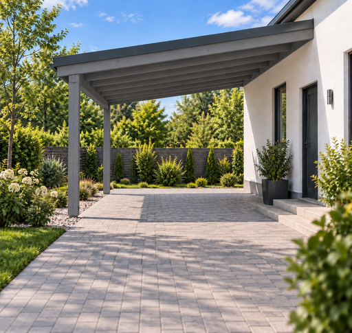 4x4 m prie namo pritvirtinta medinė stoginė automobiliams - garden gazebo pergola