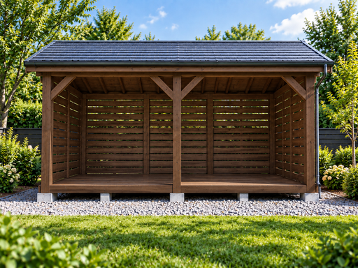 3 × 4,5 m atvira medinė malkinė su dvišlaičiu stogu - garden gazebo pergola