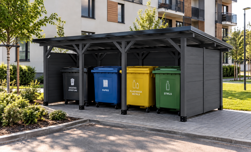 3 × 5 m medinė atliekų konteinerių pastogė daugiabučiams