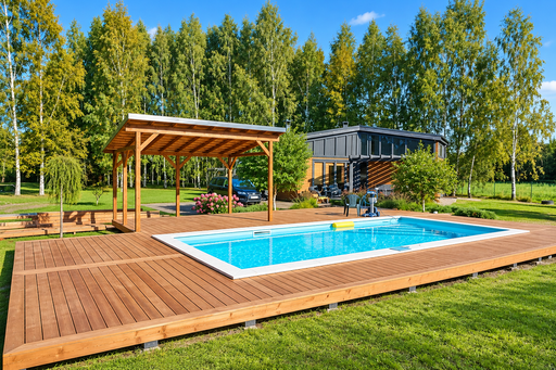 Unikali 65 m² natūralaus medžio baseino terasa su integruota pergole - garden gazebo pergola
